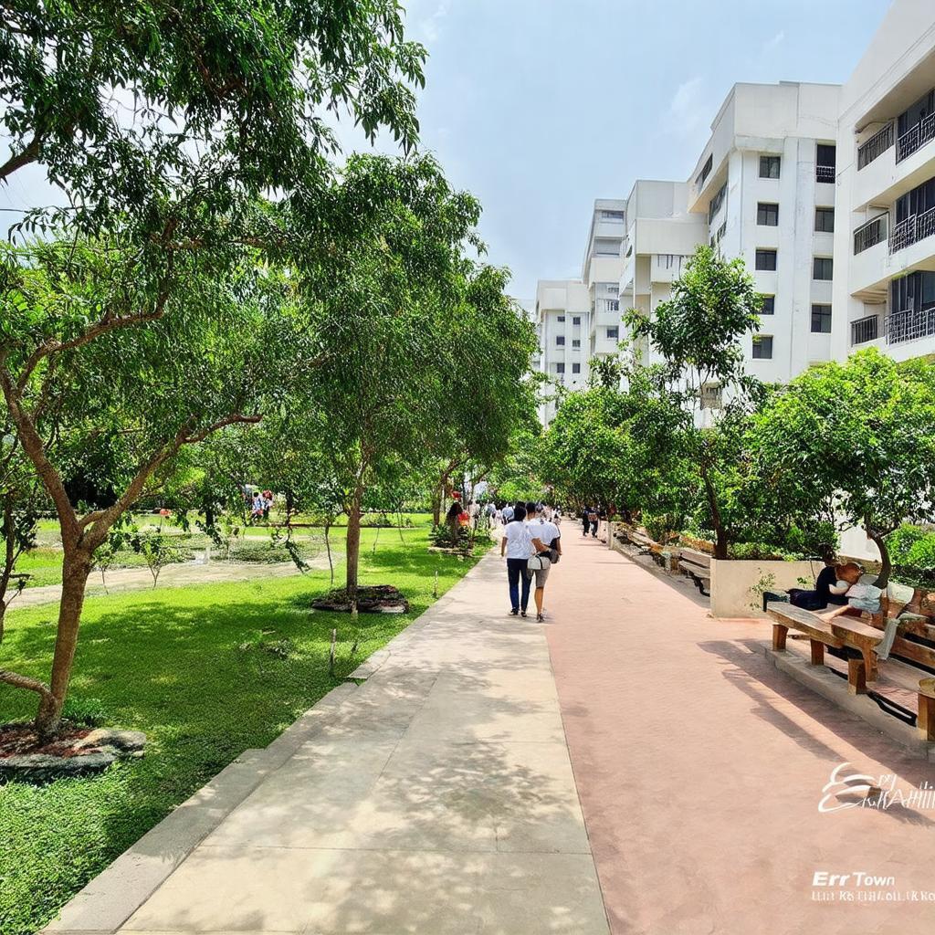Công viên nội khu và đường dạo bộ xanh mát bên trong khuôn viên chung cư Era Town Đức Khải.
